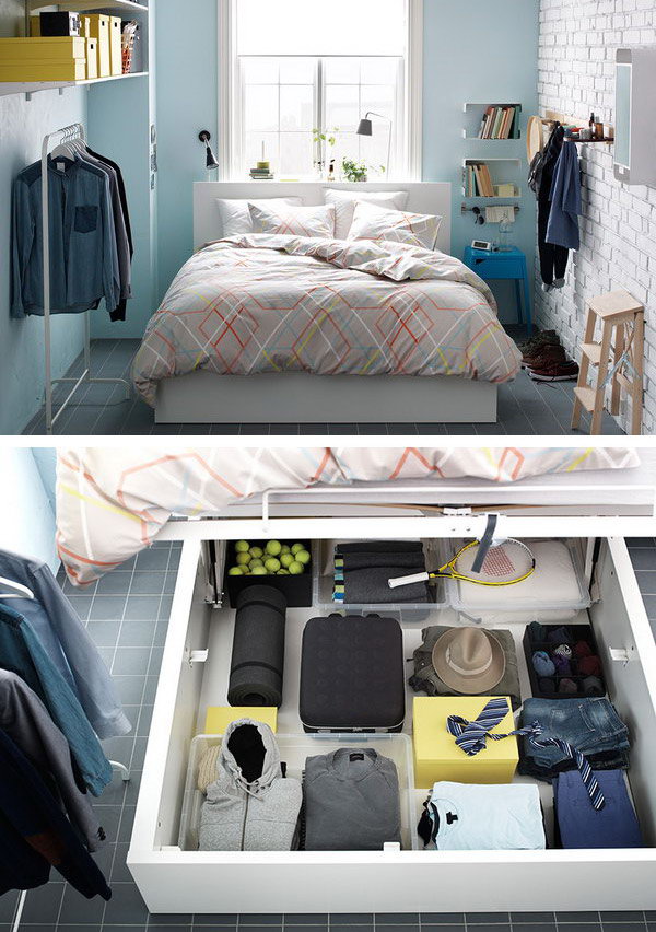 If you are struggling with the storage in your samll bedroom. This kind of bedroom design from IKEA can give you extra space with a bed that lets you hide clothes, blankets, pillows and everything else right under the mattress.