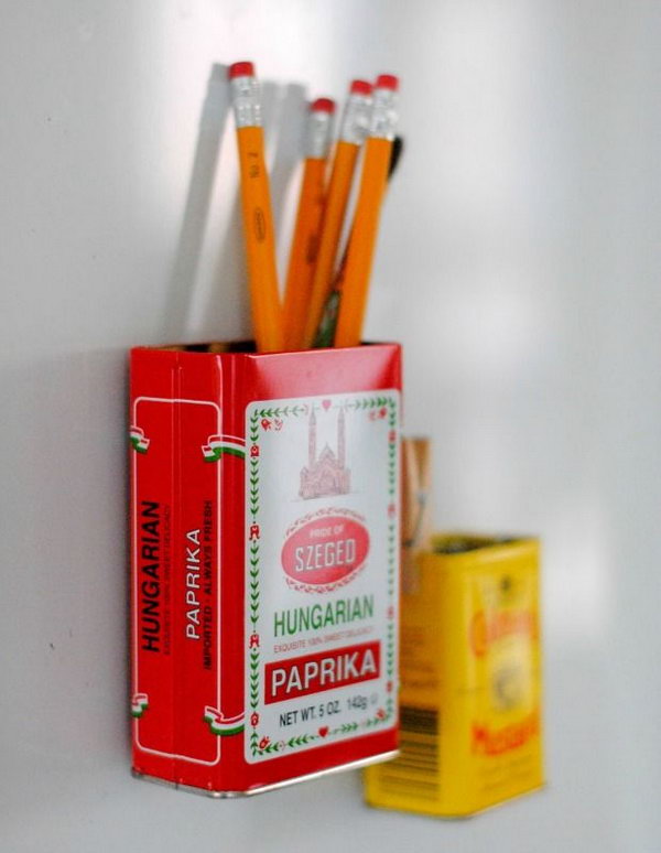 Use vintage tins fro storage. Attach magnets onto vintage tins and make fridge decors that also act as extra storage items. 