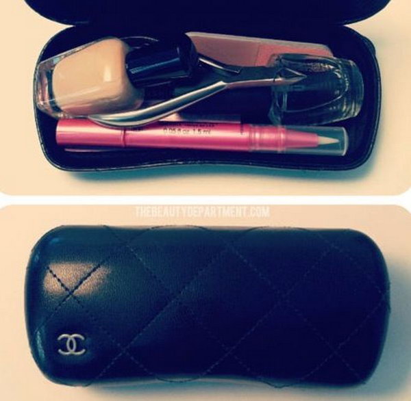 Use old sunglass case for makeup storage. Use an old sunglass case for all of your on-the-go beauty items. They will stay protected and organized. 