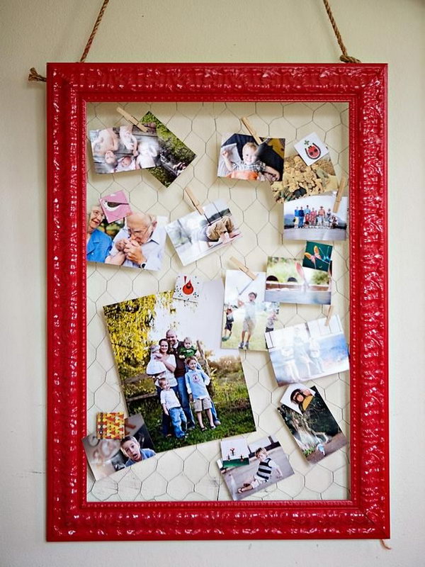 Use old frame (painted) and wire to creatue a fun memo board. Designing and organizing your home office doesn't have to be a budget killer. Reuse your old items in surprising ways for wall art display.