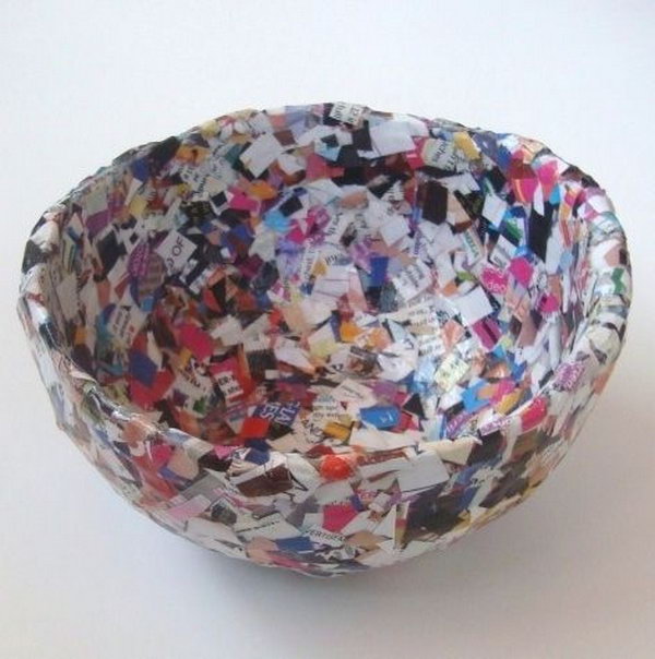 It's a new use for old newspapers and magazines. This confetti magazine bowl can be filled with candy or other items. 