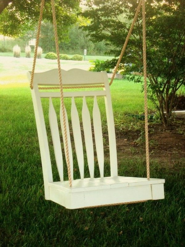 Recycle an old chair as a swing. When you feel tired and want to relax yourself in your yard, having a swing is a good choice. 
