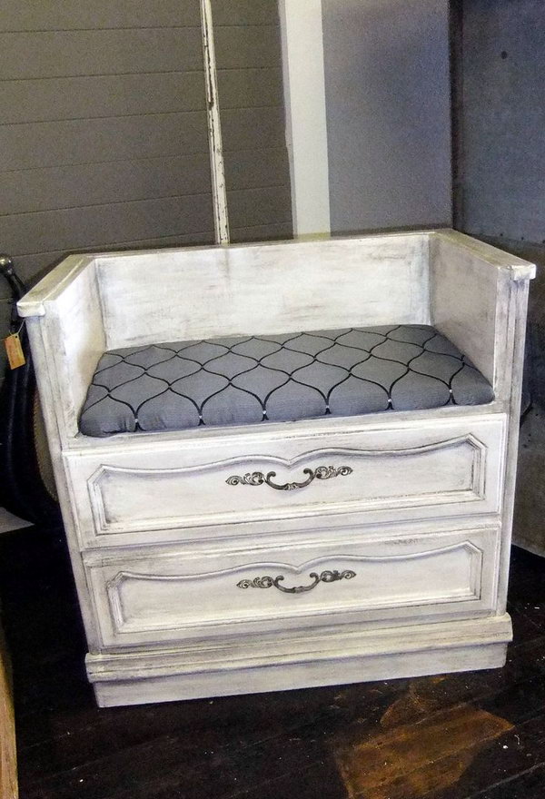 Recycle your dresser as a bench. Turn an old dresser into a bench. The bottom drawers could store loose shoes, and this would be wonderful in a mud room.