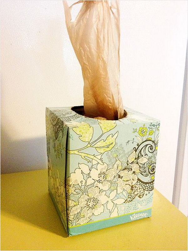 Use your old tissue boxes to store plastic bags. They work perfectly to disperse one at a time. What a clever storage idea.
