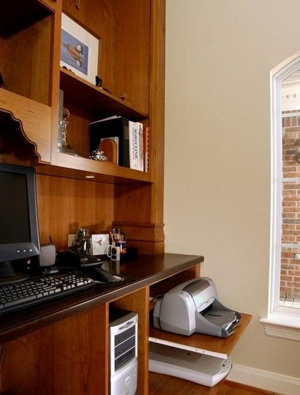 Home Office Equipment Management. Here offers a practical solution with pullout shelving underneath the desk, a cabinet with a shelf or big deep drawers to keep your computers, printers well organized in a simple yet clean outlook.