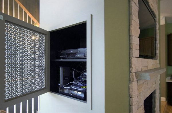 Hanging Wall Electronics Organization. Install an organization system to keep the space tidy. This hidden niche is perfect to tuck away components for a wall-mounted TV with the contractor design.