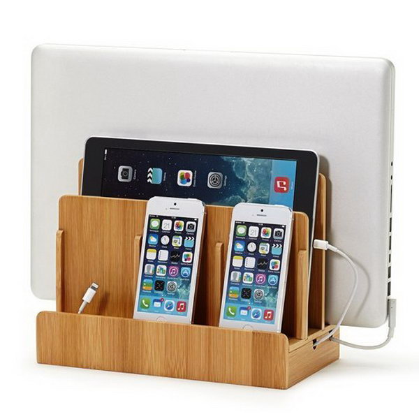  Bamboo Multi Device Charging Station. This storage unit is perfect to keep your gadget well organized. This bamboo multi device can also serve as a wonderful thing to enlight your decor.