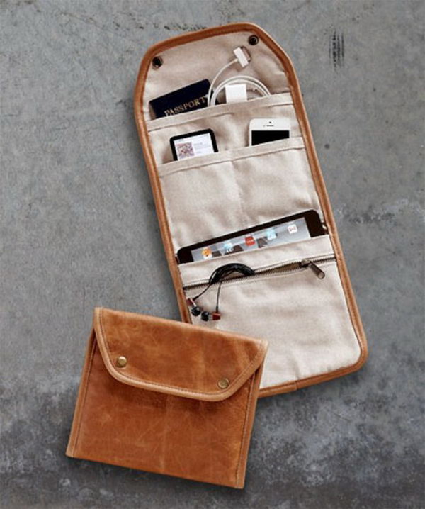 Gadget Carrier. This flip open zipped gadget case keep all your essentials well organized in style crafted in a supple leather and lined with soft cotton canvas. It's a perfect solution to keep all your devices.