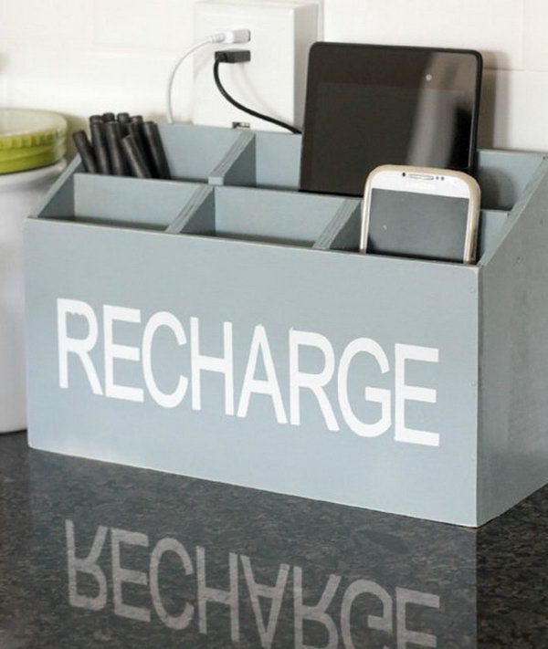 DIY Charging Station. Cut wooden boards, put them together and use nails to fasten them, spray white enamel on the charging station. It's fantastic to put all your gadgets in the counter without looking like clutter.