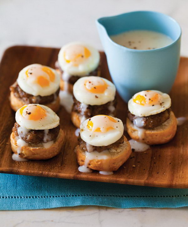 Tiny Eggs Benedict. Slice each biscuit, place a sausage coin over it and top with a sunny-side-up quail egg. Add some ingredients for delicious flavor. This adorable appetizer may be perfect for a kid's birthday party. 