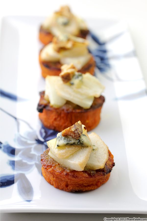 Pear Blue Cheese. This appetizer consists of roasted yams, soft pears and pungent blue cheese. Each element complements with the other perfectly to celebrate your Thanksgiving Party. 