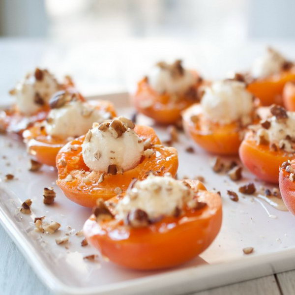Goat Cheese Stuffed Apricots with Honey. Fill apricot halves with a ball of goat cheese. Finish them off with drizzled honey and sprinkled pecans. It fits well with a casual get together or a late night party. 