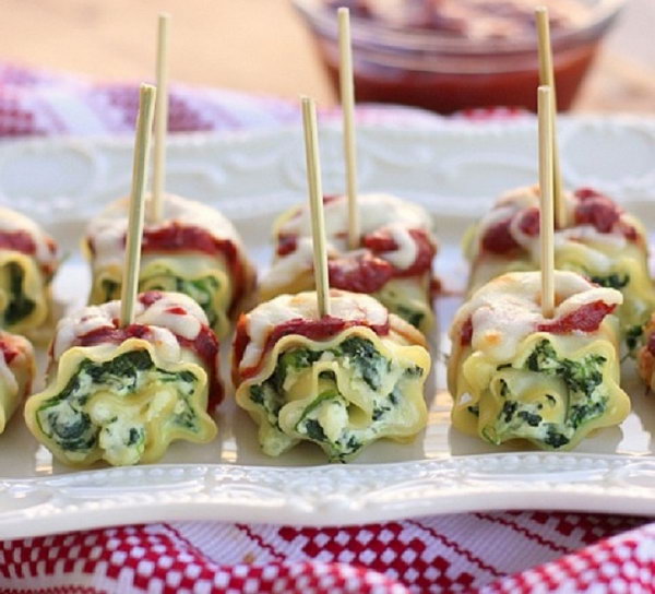Mini Spinach Lasagna Roll-Ups. Prepare this classic comfort food to turn your normal reception into a fun appetizer or party food. Cut the spinach lasagna roll-ups into pieces and use toothpicks to poke them through.