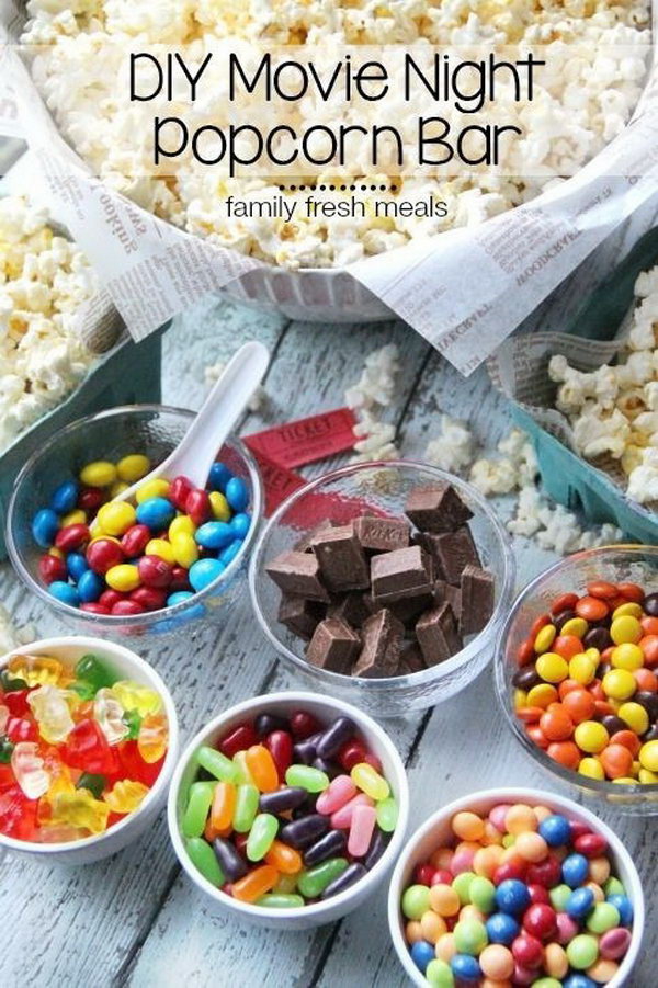 Concession Buffet Party Idea. A quick and easy treat is necessary for your party. It’s so sweet to snuggle up with some delicious snacks by simply cover the bowl with popcorns and set out some sweet toppers, such as gummy bears, mini peanut butter cups, reese’s pieces, mini kit kats as you like.