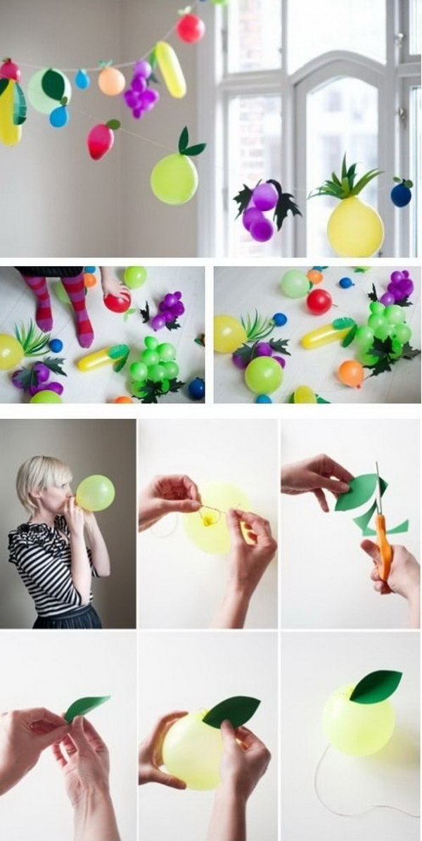 Fruit Balloon Party Idea. DIY your fruit balloon by putting together fruit balloon of various colors and tape the leaf. You can create the 3D effect by creasing the leaf. It’s so fantastic to decorate your party with this fruit flavor balloon garland.