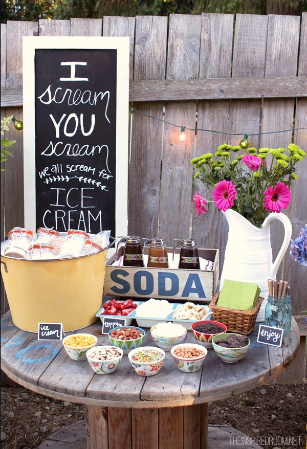 Backyard Ice Cream Party. To create such an ice cream party, you can use the little lidded jars to serve the pre-scooped ice cream. Display all your candy, nut and fruit in bowls. The sweet little teak tea cart just finishes off for the theme of this party.