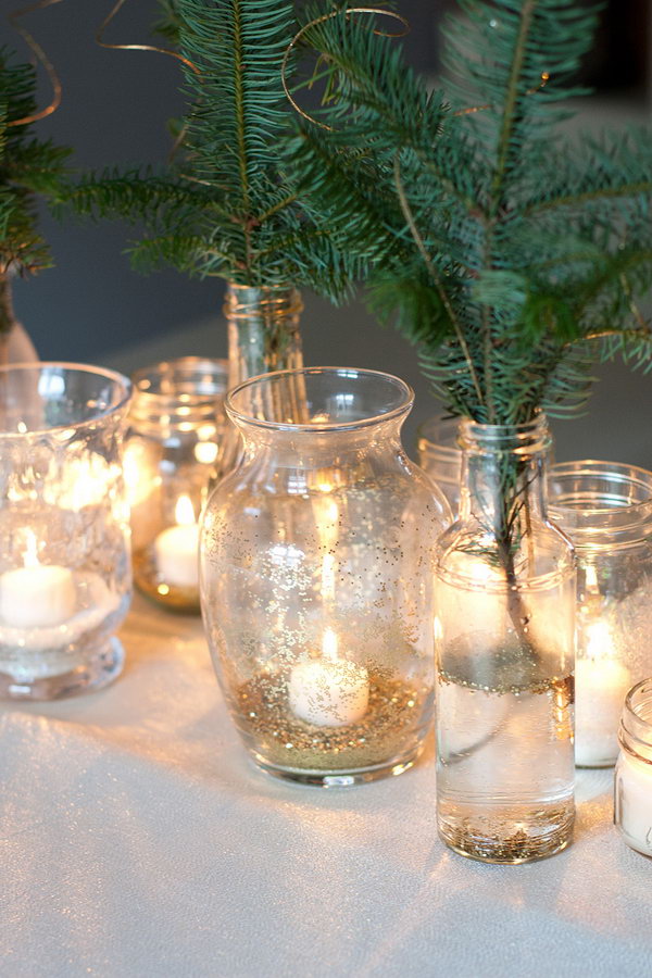 Sparkling Party Idea. Place some sparkling confetti at the bottom of the glass jars and vases. Glitter them up with candles. You can also use recycled cut-off branches from Christmas tree as the floral centerpiece. Place glitter floating around in the water as the floral centerpiece. I really appreciate the romantic look of this party idea.