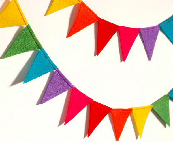 Rainbow at Party Ideas. Bright colors can light up your mood for a whole day. DIY this reusable rainbow party felt flag bunting to finish off the beautiful outlook for your party room. Once the party is over, you can transfer it to decorate any other occasions to celebrate or simply the room of your kid.