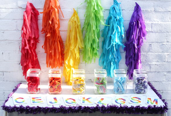 Vertical Fringe Garland Party Idea. Cut the tissue paper from the edge toward the stapled fold, just cut diagonal lines until the cut hits the edge. Tape these colorful fringes to the wall to create a beautiful backdrop for your party.