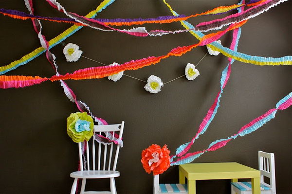 Ruffled Streamers. Overlap crepe paper streamers to come together in the middle. Sew lines on your fabric and pull strings to gather up the fabric to your liking. Decorate your party with ruffled streamers for your colorful design.