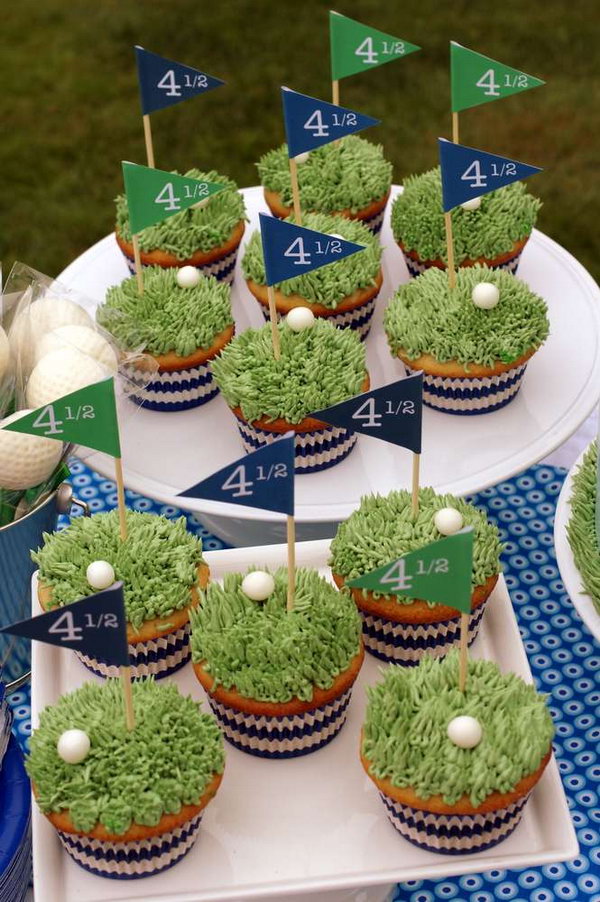 Golf Cupcake Party Idea. DIY this master’s golf party with golf styled cupcakes. Cover the cupcake with a layer of green vegetable and add a golf ball on it. Insert the flag on the cupcake. It’s so fantastic to DIY this master’s golf party by putting together all the cute golf cupcakes.