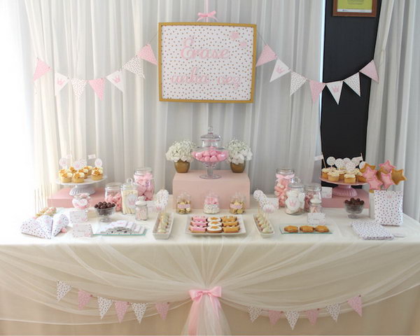 Once Upon a Time Princess Party. This delightful princess party combines cute star and crown sugar cookies, pennant banner, gold crowns made from pipe cleaners, sheer table cover with pink bow ties to get every detail dolled up.