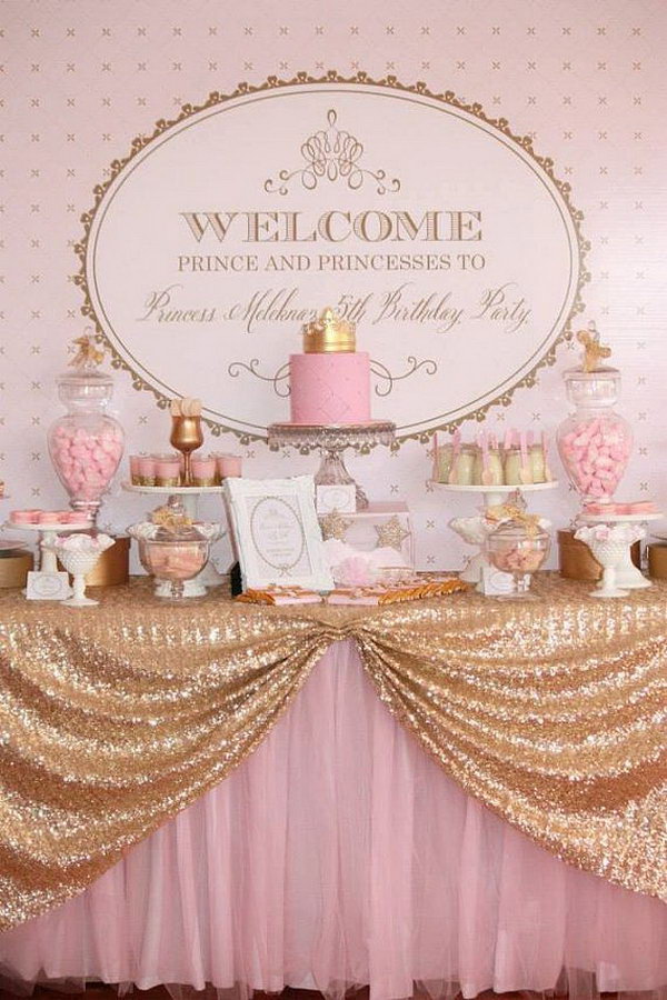 Princess Pink and Gold Royal Backdrop. The pink and gold royal backdrop set up the tone for this party theme. All the detailed favors and decorations highlight the royal flavor for this party from the glittering gold table cover to the crown cake topper.
