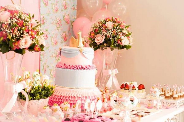 Shabby Chic Princess Party. The gorgeous shabby chic princess party features floral elements from the adorable cupcake wrappers to the backdrop. Other decorations such as carriage favor boxes, crown sugar cookies and felt flower garland make its beautiful outlook. 