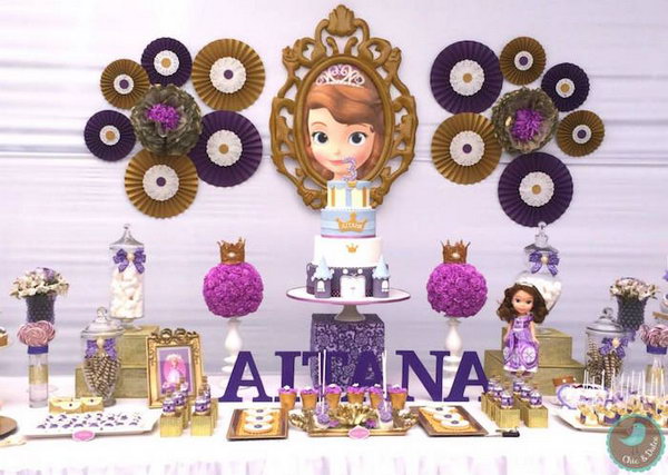 Dream Sofia Princess Party. Celebrate your party with the display of fabulous cake, marshmallow pops, backdrop adorned in paper fans and a Sofia portrait. I really adore the good combination of colors from the décor items to sweet desserts.