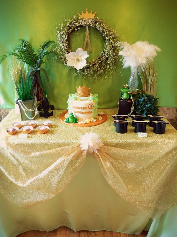 Princess and the Frog Party. This princess and the frog party consists of gold princess crown cake topper, swamp water punch, chocolate party favors, frog-shaped embellished cups. The lovely party is full of wonderful ideas to match this theme.