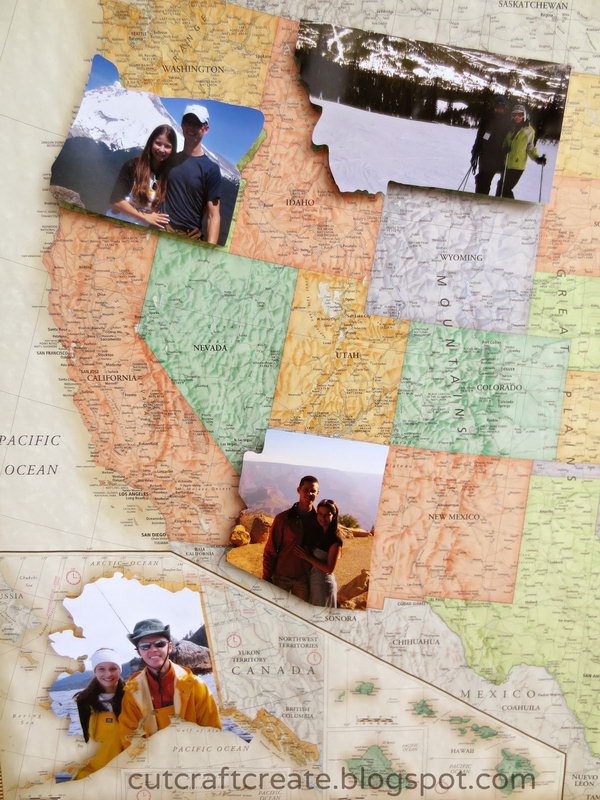 Photo Map Scrapbook. Cut the pictures you take in the state you visited in the particular state shape to make a perfectly personalized map that shares the story of your lives in different states.