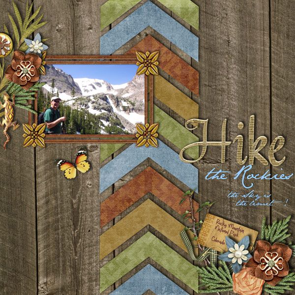 A scrapbook idea for hiking. Design your hiking scrapbook with the new sketch and template with arrows. The sketch shows the beauty of the nature. Template with arrows shows hiking is not easy. 