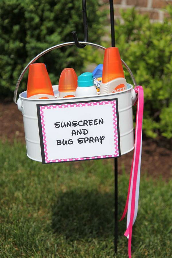 Sunscreen and Bug Spray. For a outdoor summer party, it's very necessary to set out sunscreen and bug spray to avoid you from mosquito biting.