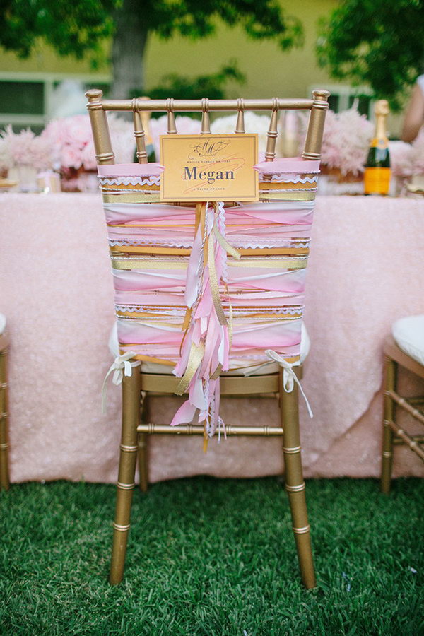 Wedding Chair Decor. It's perfect to give your wedding chairs a wedding chicks style look with ombre coral combination. Strip sideways and rotate the ribbon to create the center fringe down effect.