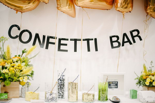 DIY Confetti Bar. The confetti bar has a beautiful garland sign with vinyl letters. There are jars of colorful confetti to mix and match with your characteristic flavor.
