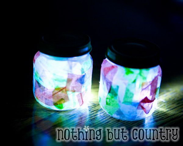 Night Light Jar Craft. Cover layers of colorful tissue paper all over the jar, add a good coat of glue to seal. Place a LED light to finish off this adorable piece of art for illumination as well as for garnishment.