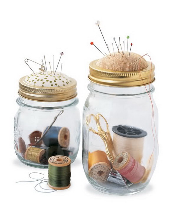 Sewing Kit in a Jar. Turn your shabby mason jar into a brand new sewing kit with a built-in pincushion at the top. Make cushion by placing batting between fabric and cardboard, apply hot glue around the edge. It's super chic to keep your sewing kits tidy and clean in this funny jar.