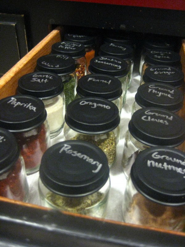 Spice Organization. Mark each jar with chalkboard spray paint for easy identification. Display them on an empty drawer. You can fill the jars with all kinds of spices to get things organized and save your space.