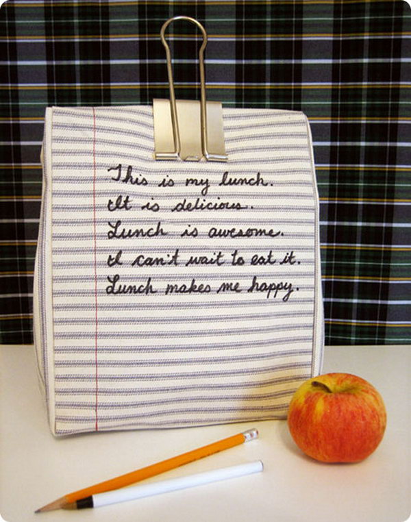 Notebook Lunchbag. Cut out your fabric according to the basic line, sew it together to make every side of the bag. You can write whatever you like to personalize your own in a jiffy with low cost.