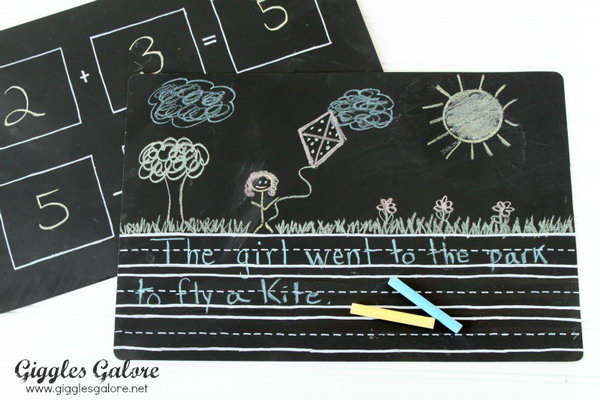  Chalkboard Placemats. Spray paint on both side of the placemat. Draw math problems for the little scholar to practice on one side. On the other, you can create a space to practice letters and writing. It's useful and good for the scholar to study.