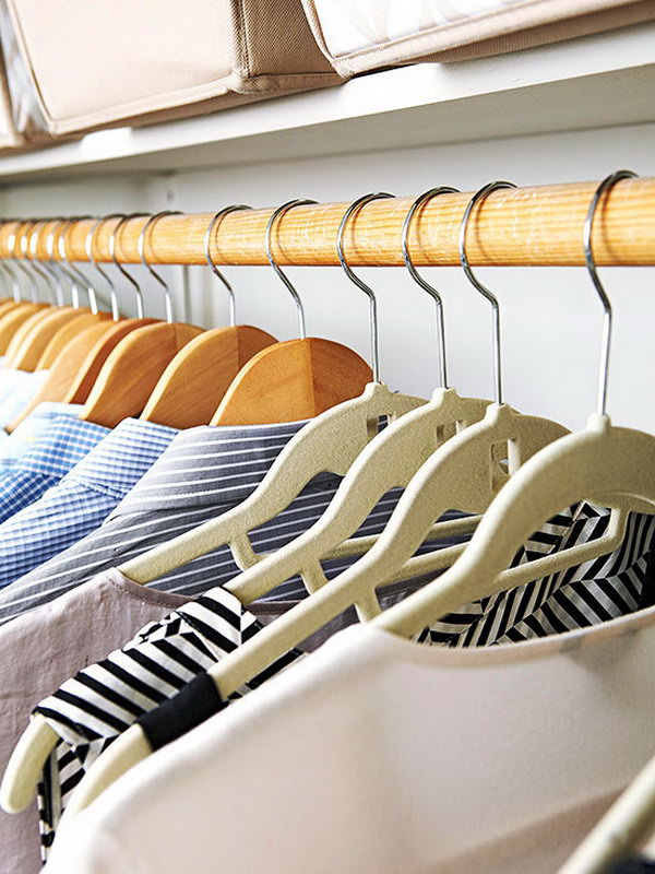 Choose the Right Hangers. To avoid your bedroom closet storage from uncluttered, buy the hanger the same type of your clothing to save as much space as possible for your bedroom.