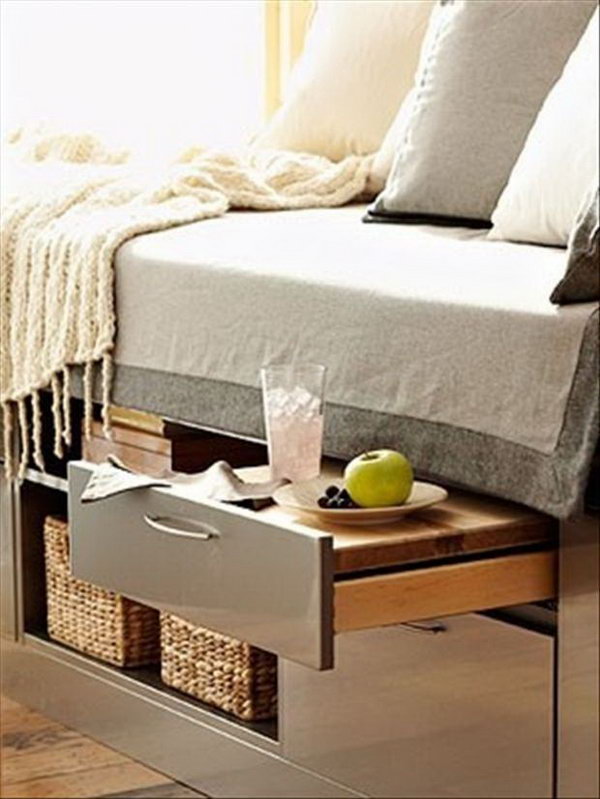 Under-bed Storage. Try to utilize the storage space beneath your bed, it's super chic to store out of season and extra items you don't require at this time. You can use under-bed containers to organize your items and save space in your bedroom.