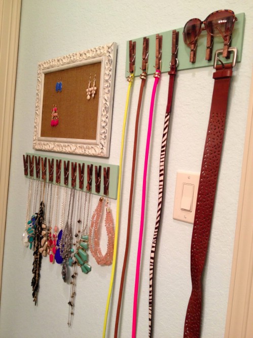 Use clothes pins and a piece of wood to hang belts, scarfs, tights, tank tops, and spaghetti strap tops. What a simple and cute organizing idea! 