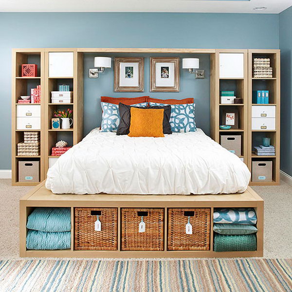 Build Your Own Storage. Use off the shelf storage unit as well as platform bed to offer enough storage space to organize your necessities. So all your things will be kept tidy and clean without taking up extra space.