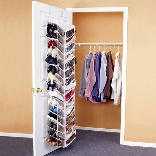 Shoes Hanging Closet Door. It would be such a mess to throw a pile of shoes in your dorm room. You can keep your shoes organized and conceal the messy outlook with this shoes hanging closet door. It can save you some space as well.