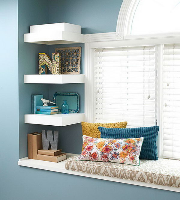 Capture the Smallest Space. It's so easy to neglect the small stretches of wall space next to windows and doors. Place a trio of clever shelves with heft for artful display in your dorm room.