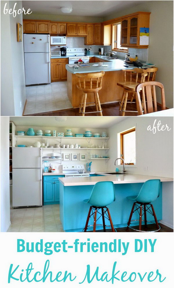 Big Reveal: the Turquoise Kitchen. The perfect example of how simply changing color scheme,  countertops and shelving can really freshen up a room. 