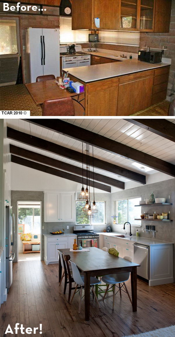 Before and After: a Rustic Modern Retreat. The family updated their 60s cinder block kitchen to a rustic modern reveal. With exposed beams, marble countertops, hardwood floors and a hand-built farm table, they cut a lot of cost. I especially love the little  blue hardware which add a fresh look to this rustic space.