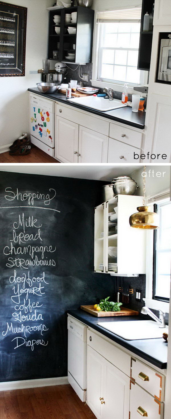 Tiny Kitchen Makeover: Add Stylish and Glamour. This tiny kitchen is adorable. I love the embellished gilded corner brackets on all drawers  and cupboards, the blackboard painted wall, and that they replaced the corner cabinet with the open glass shelving. The  beautiful chandelier in copper color  adds to glamour. 