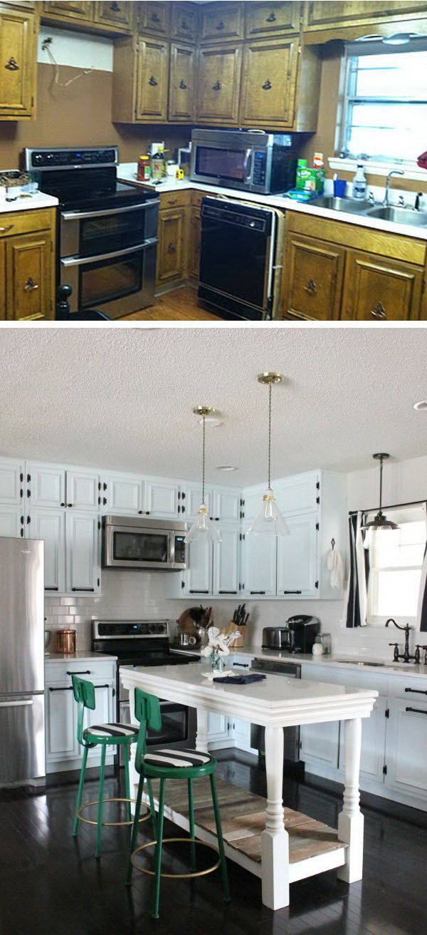 Before and After: an Industrial Modern Kitchen. Instead of replacing the ugly outdated but in good condition cabinets, the householder painted them white and replaced the hardware. 